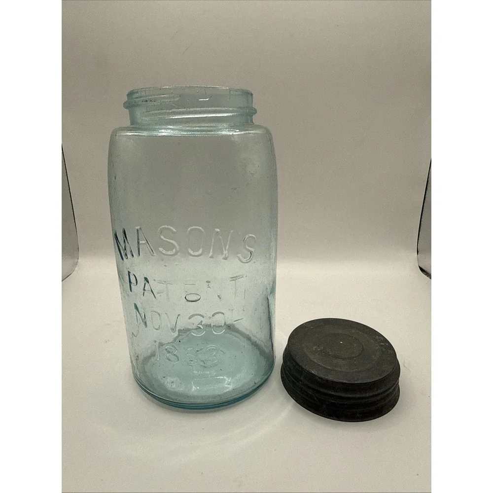 Old Mason's Patent Nov 30th 1858 Green 1 Quart Antique Canning Jar Zinc Lid #8‎